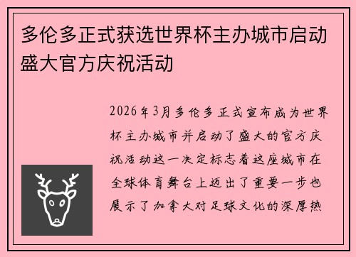 多伦多正式获选世界杯主办城市启动盛大官方庆祝活动