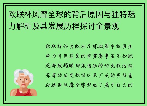 欧联杯风靡全球的背后原因与独特魅力解析及其发展历程探讨全景观